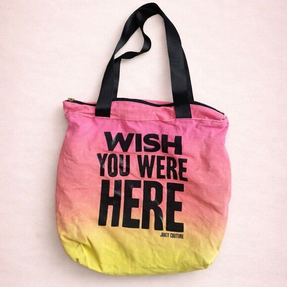 Juicy Couture Handbags - Juicy Couture Wish You Were Here Canvas Tote Bag Pink Yellow Ombre Y2K Shopper